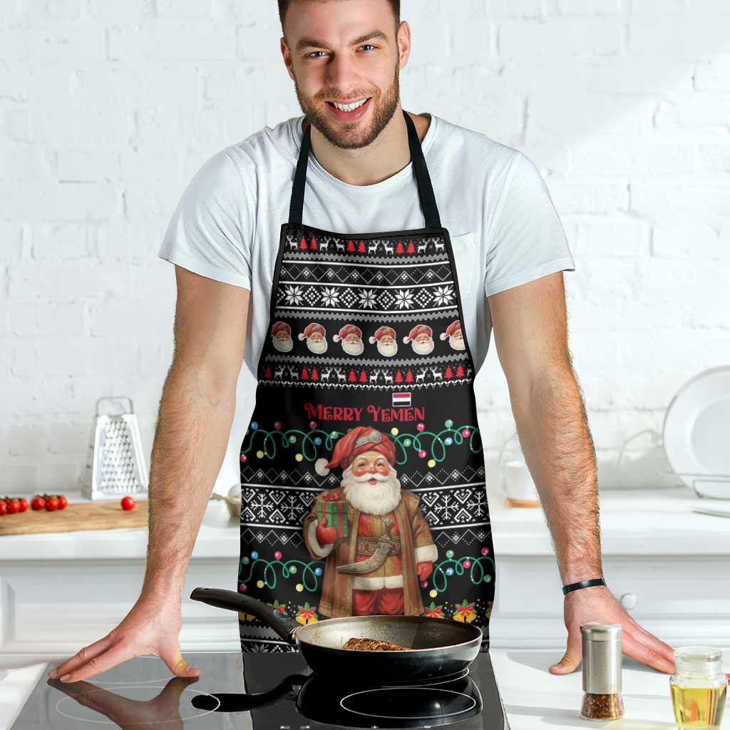 Yemen Christmas Apron with Traditional Santa Black Snowflake Pattern and Festive Lights - Wonder Print Shop