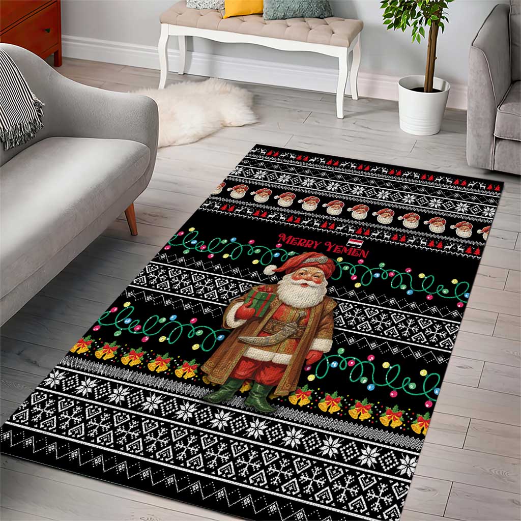 Yemen Christmas Area Rug with Traditional Santa Black Snowflake Pattern and Festive Lights - Wonder Print Shop