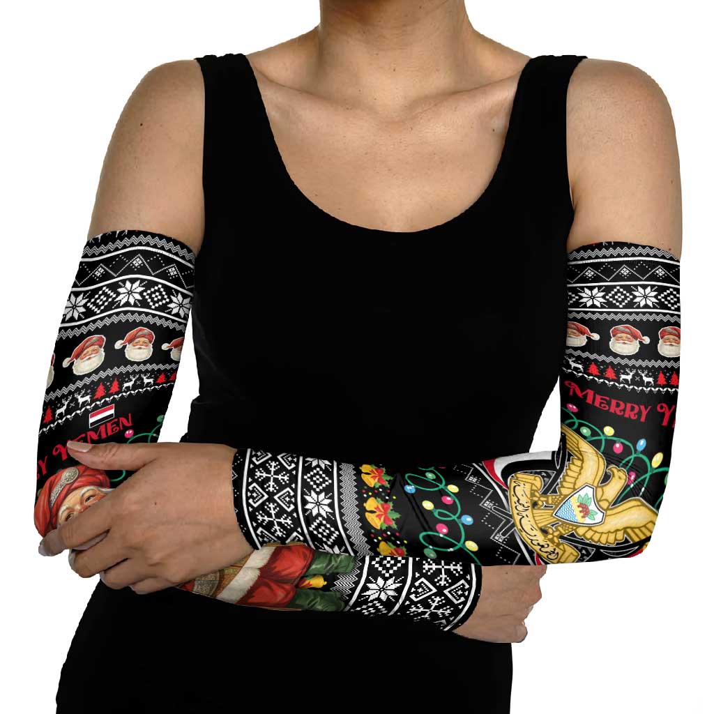 Yemen Christmas Arm Sleeves with Traditional Santa Black Snowflake Pattern and Festive Lights - Wonder Print Shop