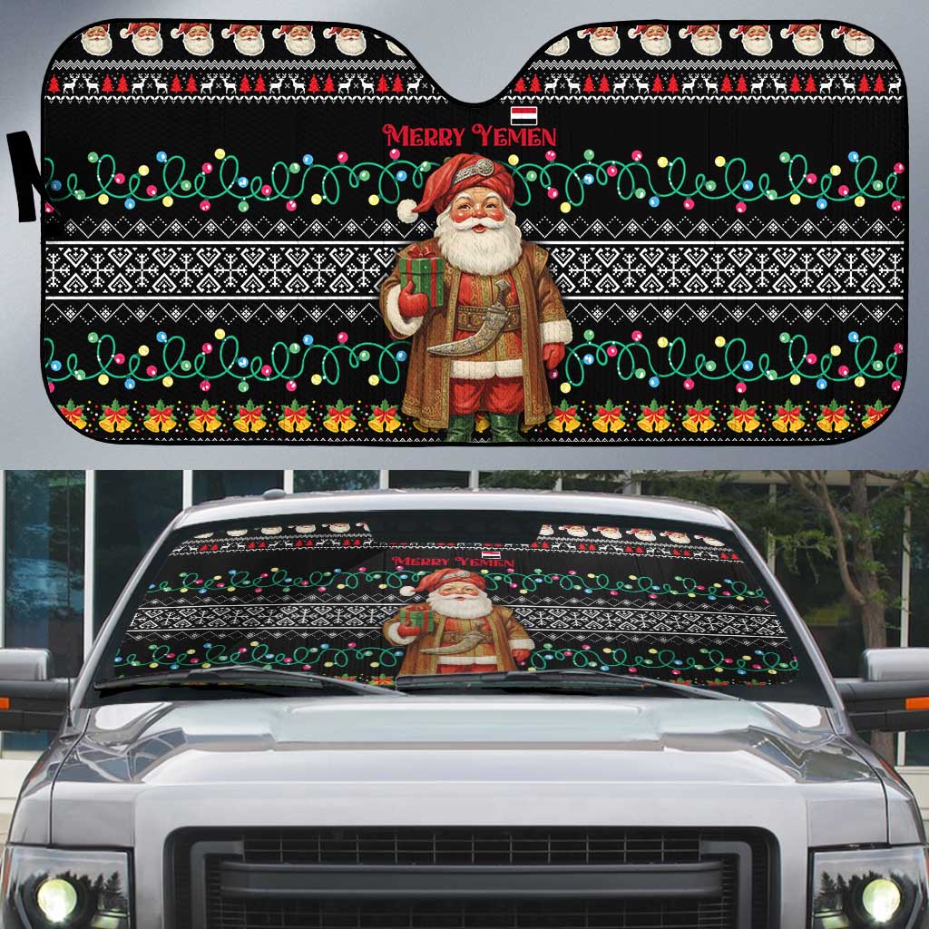 Yemen Christmas Auto Sun Shade with Traditional Santa Black Snowflake Pattern and Festive Lights - Wonder Print Shop