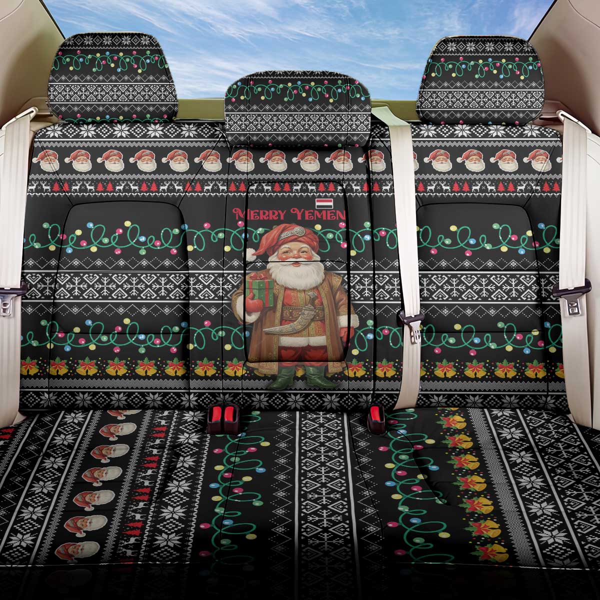 Yemen Christmas Back Car Seat Cover with Traditional Santa Black Snowflake Pattern and Festive Lights - Wonder Print Shop