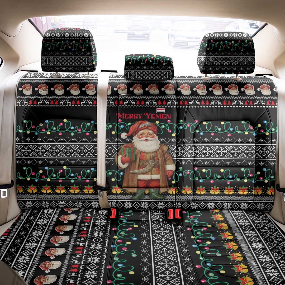 Yemen Christmas Back Car Seat Cover with Traditional Santa Black Snowflake Pattern and Festive Lights - Wonder Print Shop