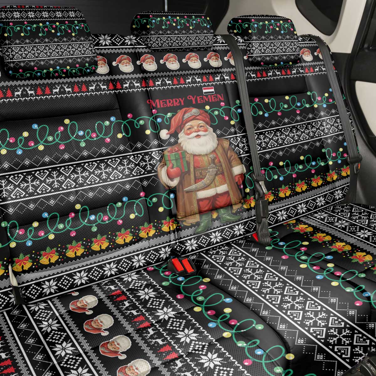 Yemen Christmas Back Car Seat Cover with Traditional Santa Black Snowflake Pattern and Festive Lights - Wonder Print Shop