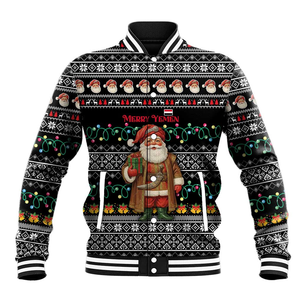 Yemen Christmas Baseball Jacket with Traditional Santa Black Snowflake Pattern and Festive Lights - Wonder Print Shop