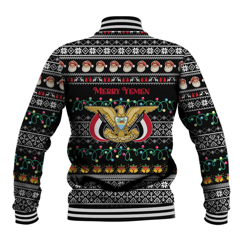 Yemen Christmas Baseball Jacket with Traditional Santa Black Snowflake Pattern and Festive Lights - Wonder Print Shop