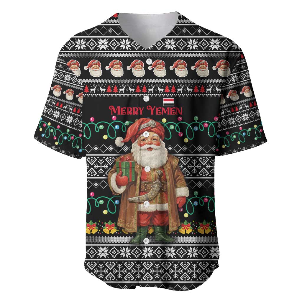 Yemen Christmas Baseball Jersey with Traditional Santa Black Snowflake Pattern and Festive Lights - Wonder Print Shop