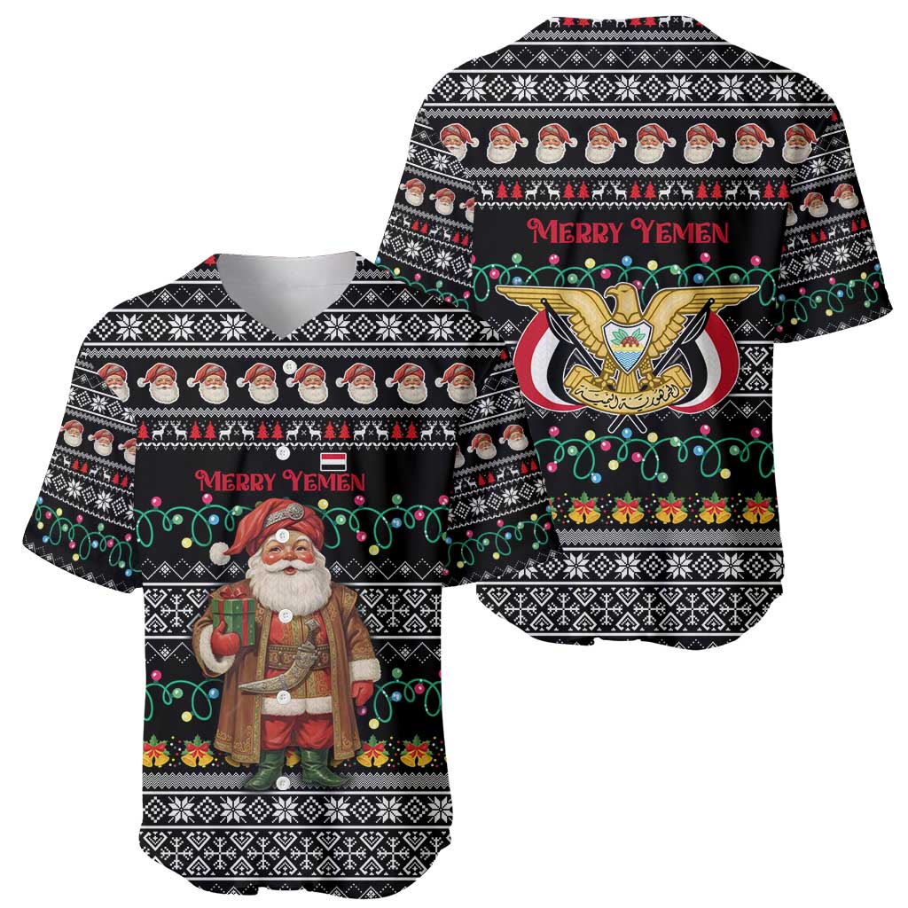 Yemen Christmas Baseball Jersey with Traditional Santa Black Snowflake Pattern and Festive Lights - Wonder Print Shop