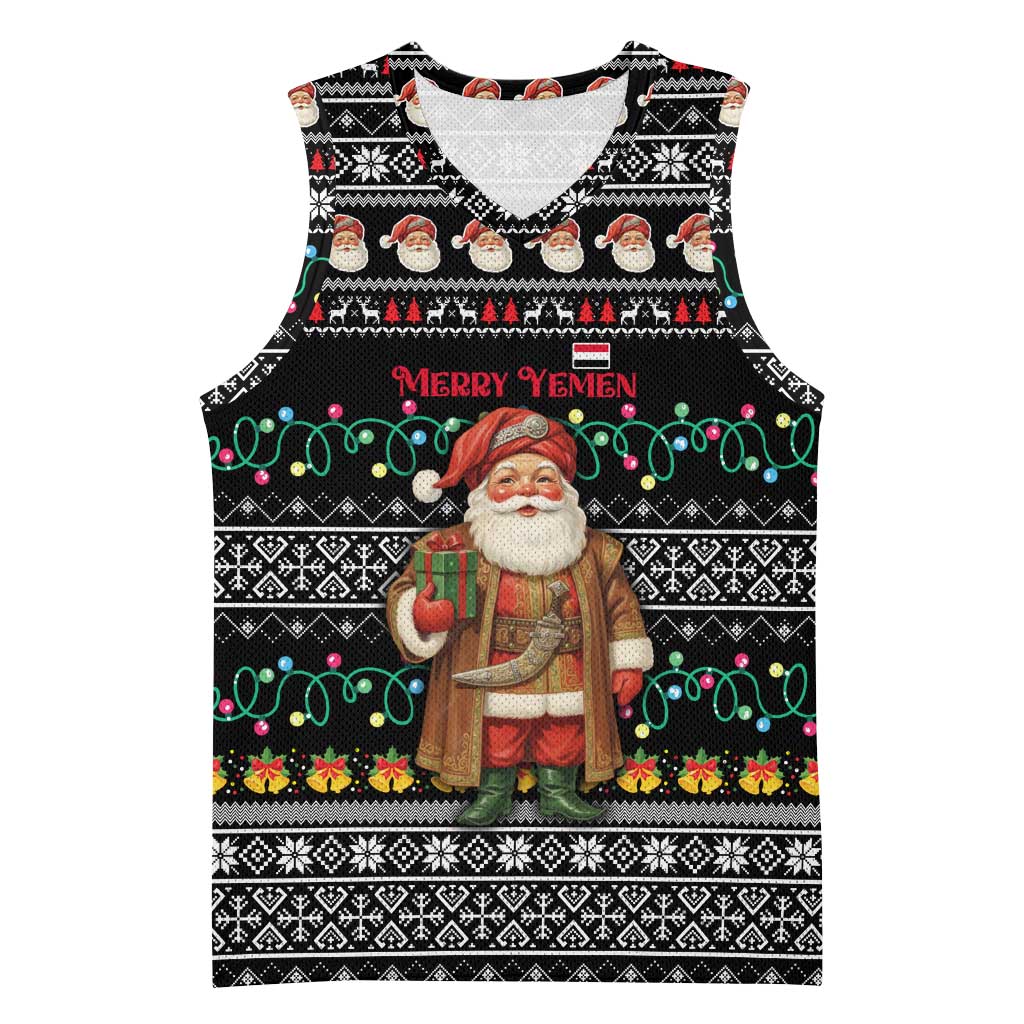 Yemen Christmas Basketball Jersey with Traditional Santa Black Snowflake Pattern and Festive Lights - Wonder Print Shop