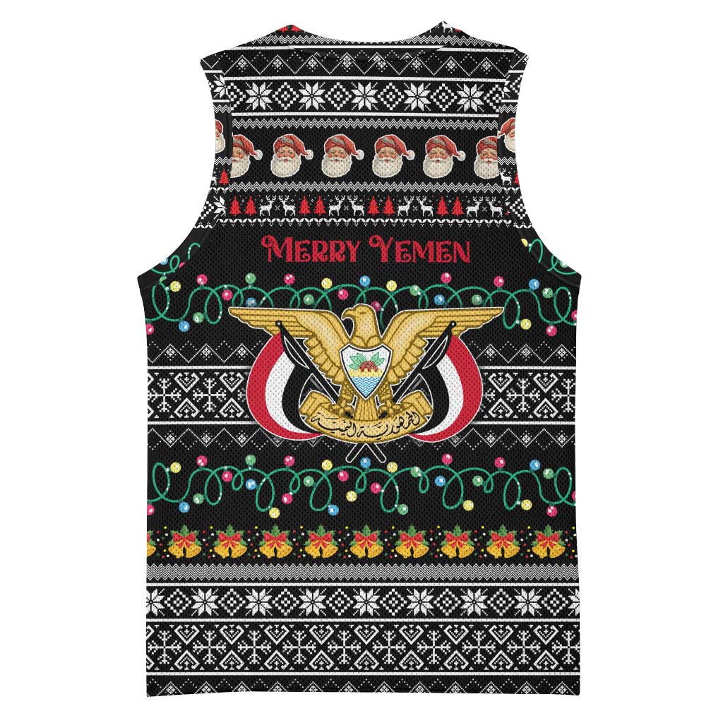 Yemen Christmas Basketball Jersey with Traditional Santa Black Snowflake Pattern and Festive Lights - Wonder Print Shop