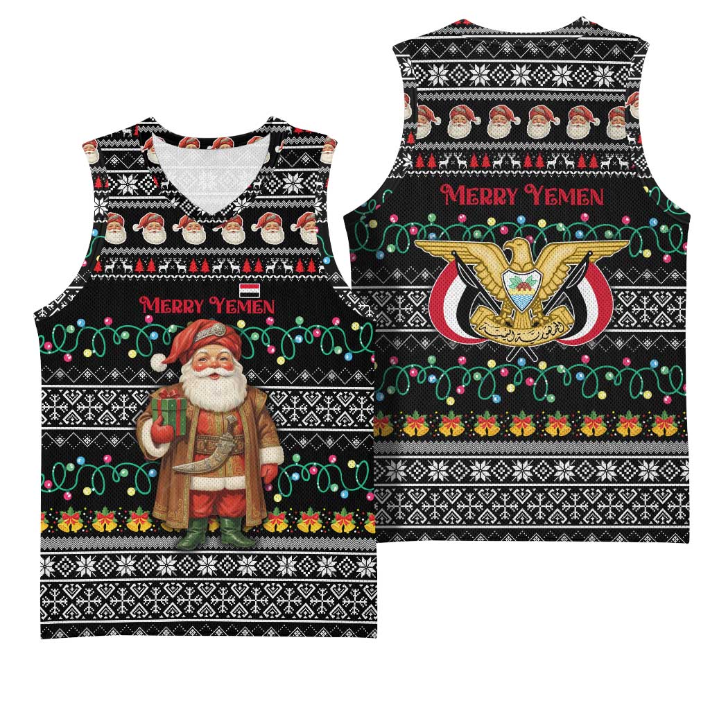 Yemen Christmas Basketball Jersey with Traditional Santa Black Snowflake Pattern and Festive Lights - Wonder Print Shop
