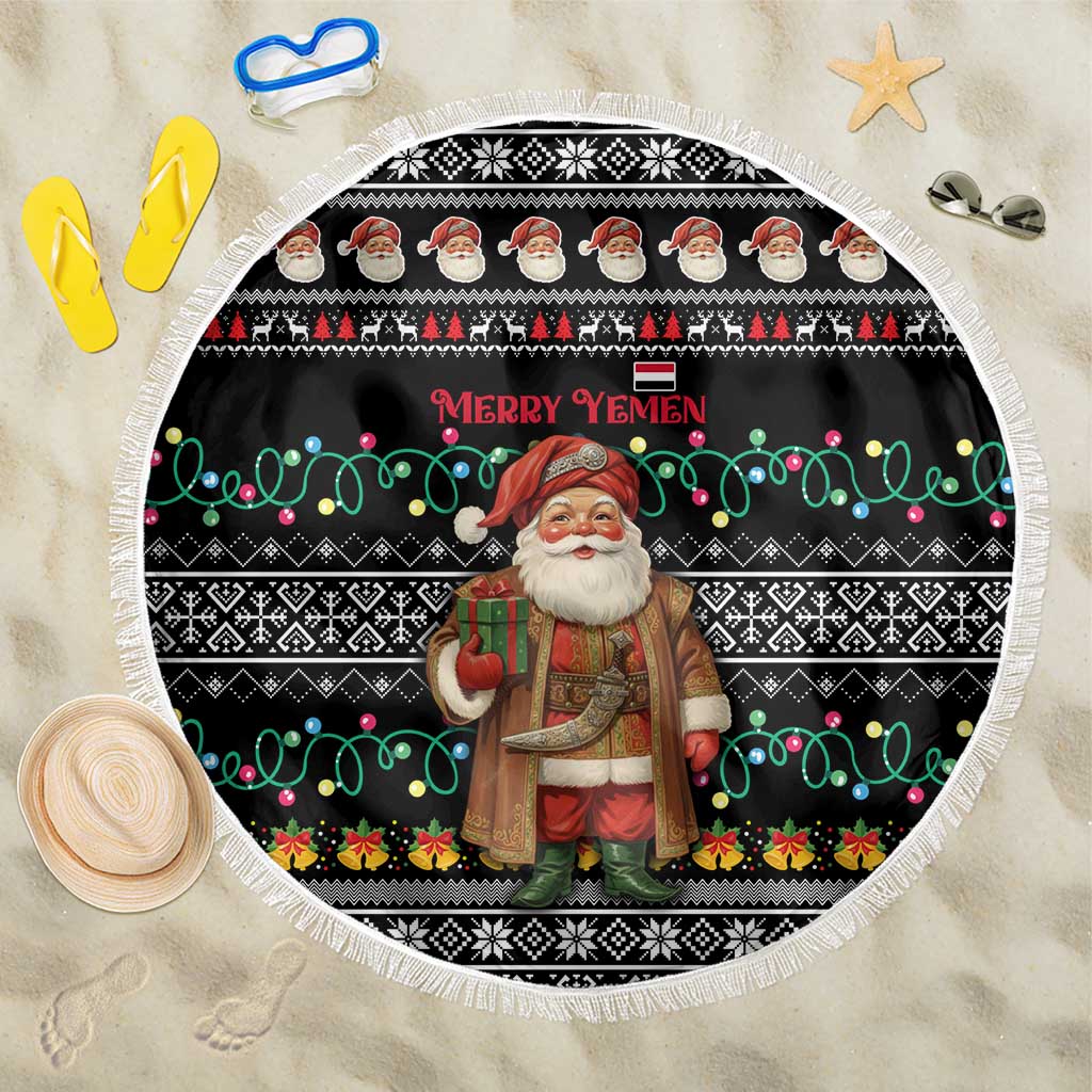 Yemen Christmas Beach Blanket with Traditional Santa Black Snowflake Pattern and Festive Lights - Wonder Print Shop