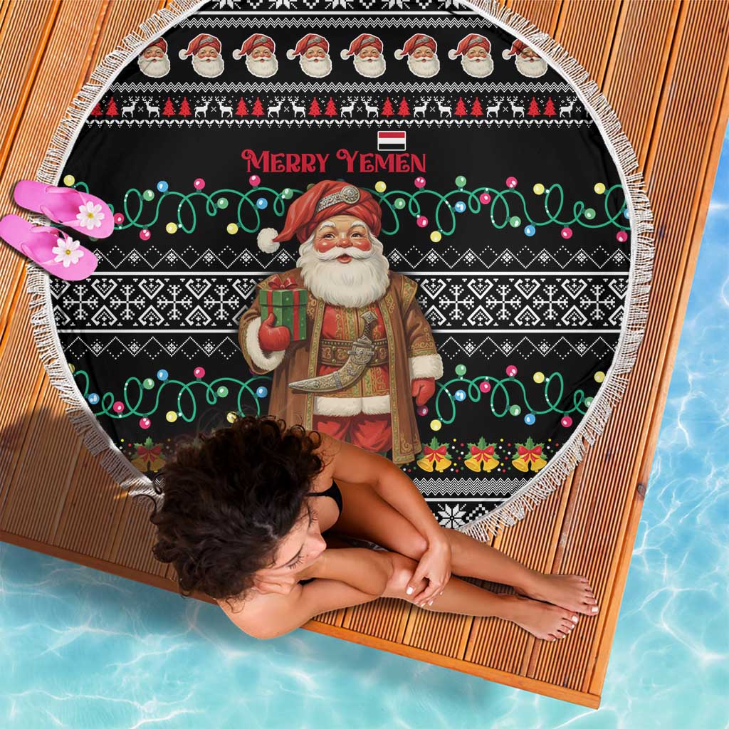 Yemen Christmas Beach Blanket with Traditional Santa Black Snowflake Pattern and Festive Lights - Wonder Print Shop