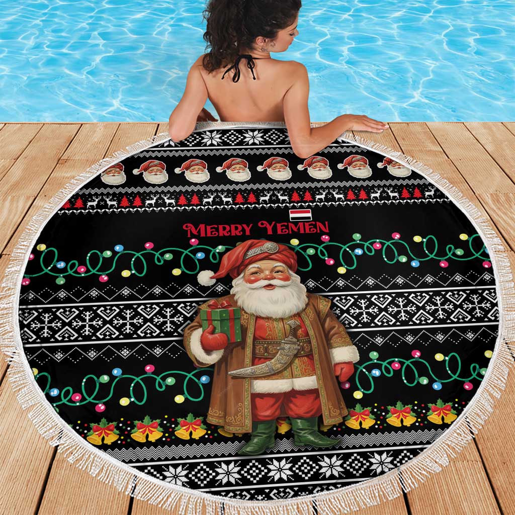Yemen Christmas Beach Blanket with Traditional Santa Black Snowflake Pattern and Festive Lights - Wonder Print Shop