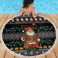 Yemen Christmas Beach Blanket with Traditional Santa Black Snowflake Pattern and Festive Lights - Wonder Print Shop