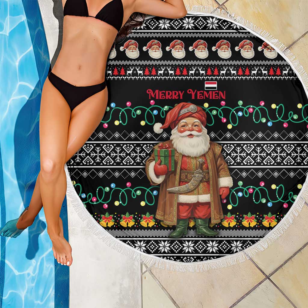 Yemen Christmas Beach Blanket with Traditional Santa Black Snowflake Pattern and Festive Lights - Wonder Print Shop