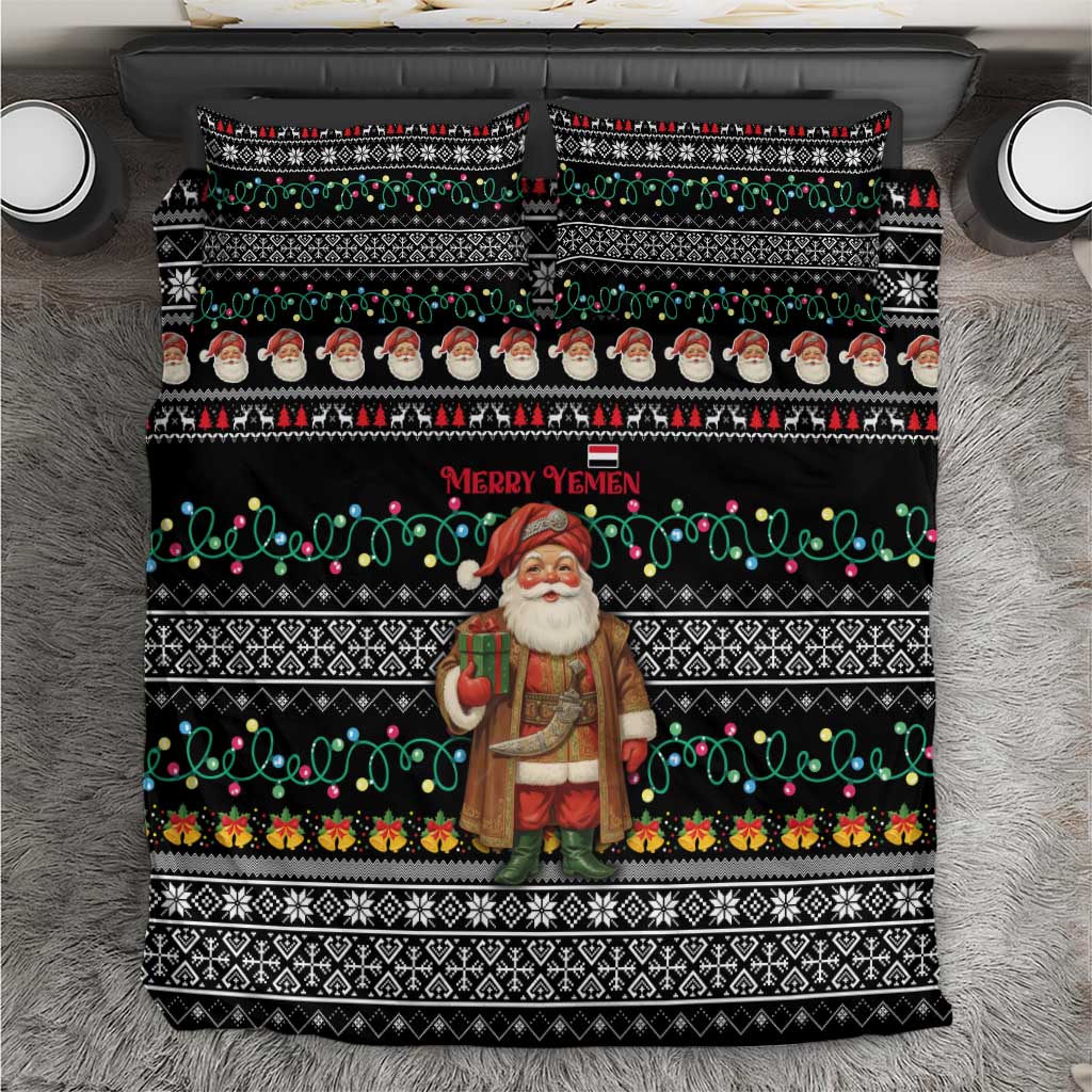 Yemen Christmas Bedding Set with Traditional Santa Black Snowflake Pattern and Festive Lights - Wonder Print Shop