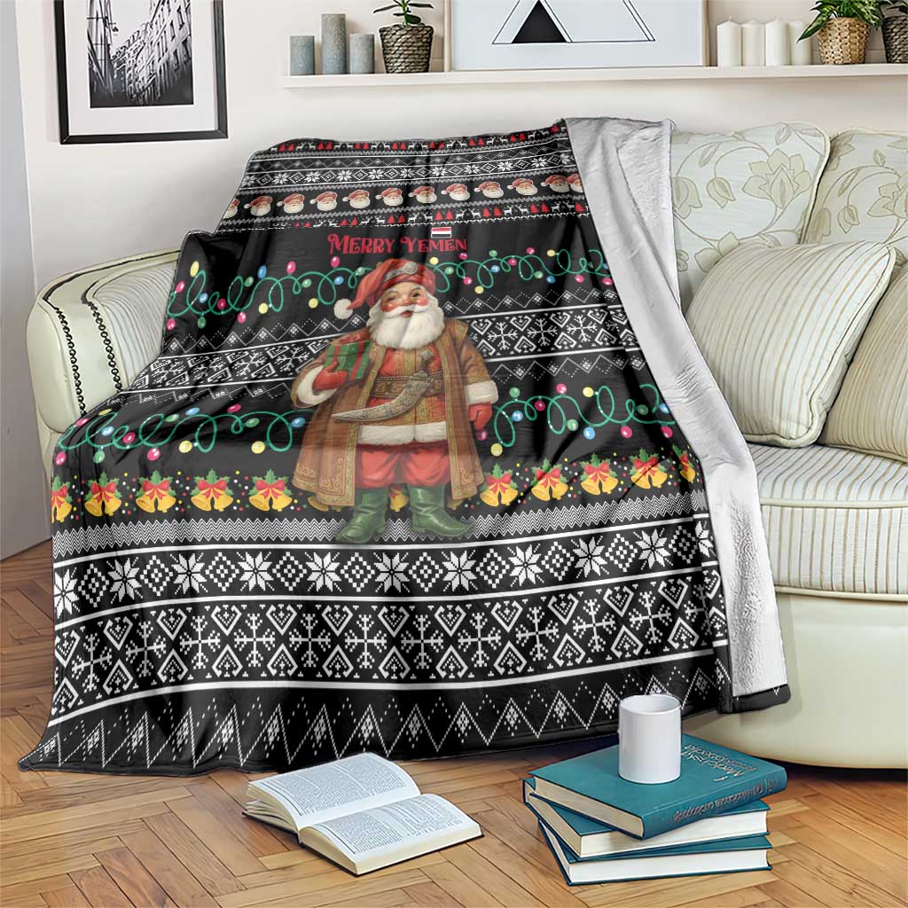 Yemen Christmas Blanket with Traditional Santa Black Snowflake Pattern and Festive Lights - Wonder Print Shop