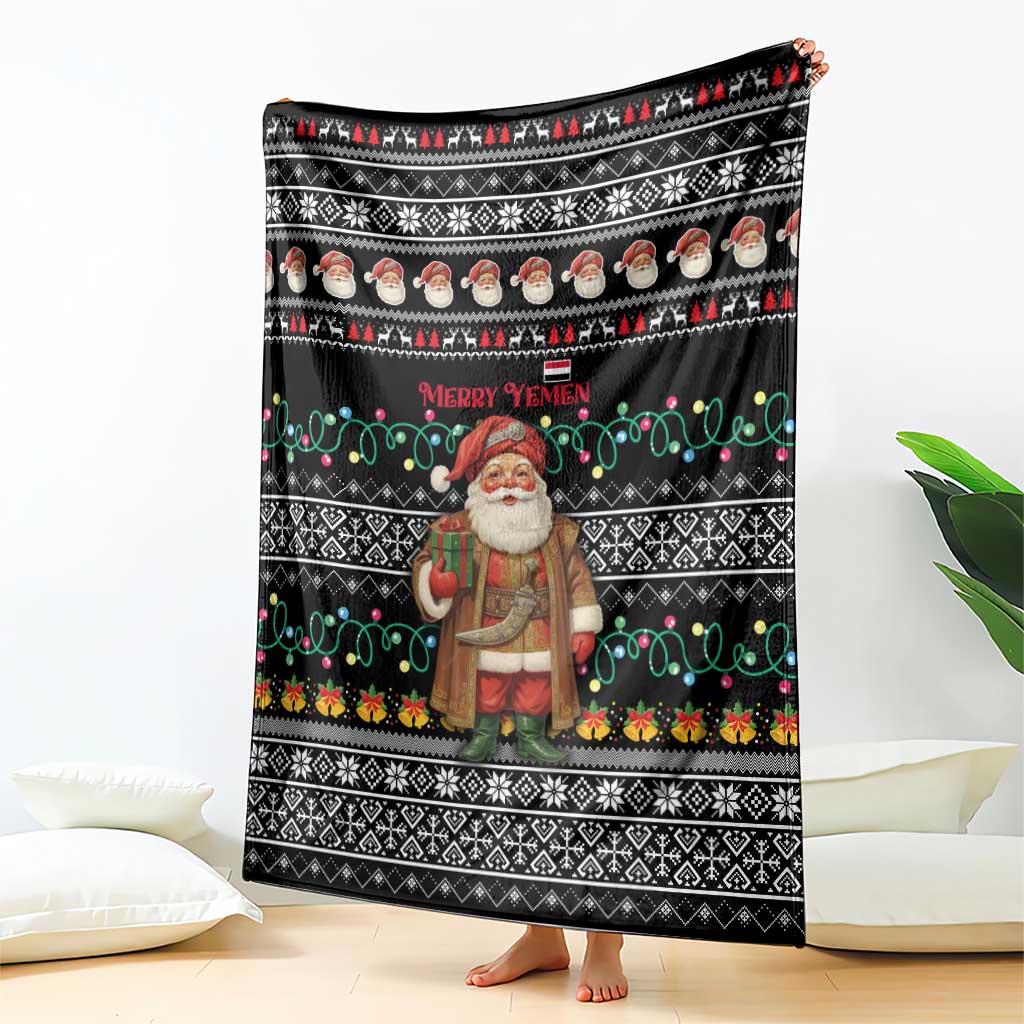 Yemen Christmas Blanket with Traditional Santa Black Snowflake Pattern and Festive Lights - Wonder Print Shop