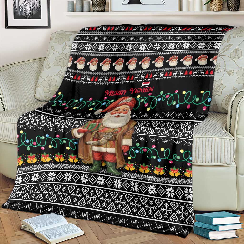Yemen Christmas Blanket with Traditional Santa Black Snowflake Pattern and Festive Lights - Wonder Print Shop