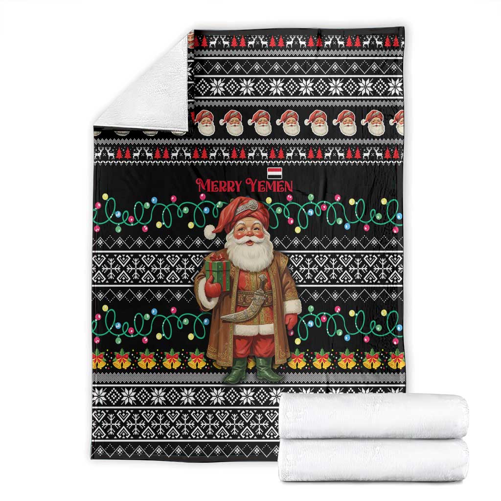 Yemen Christmas Blanket with Traditional Santa Black Snowflake Pattern and Festive Lights - Wonder Print Shop