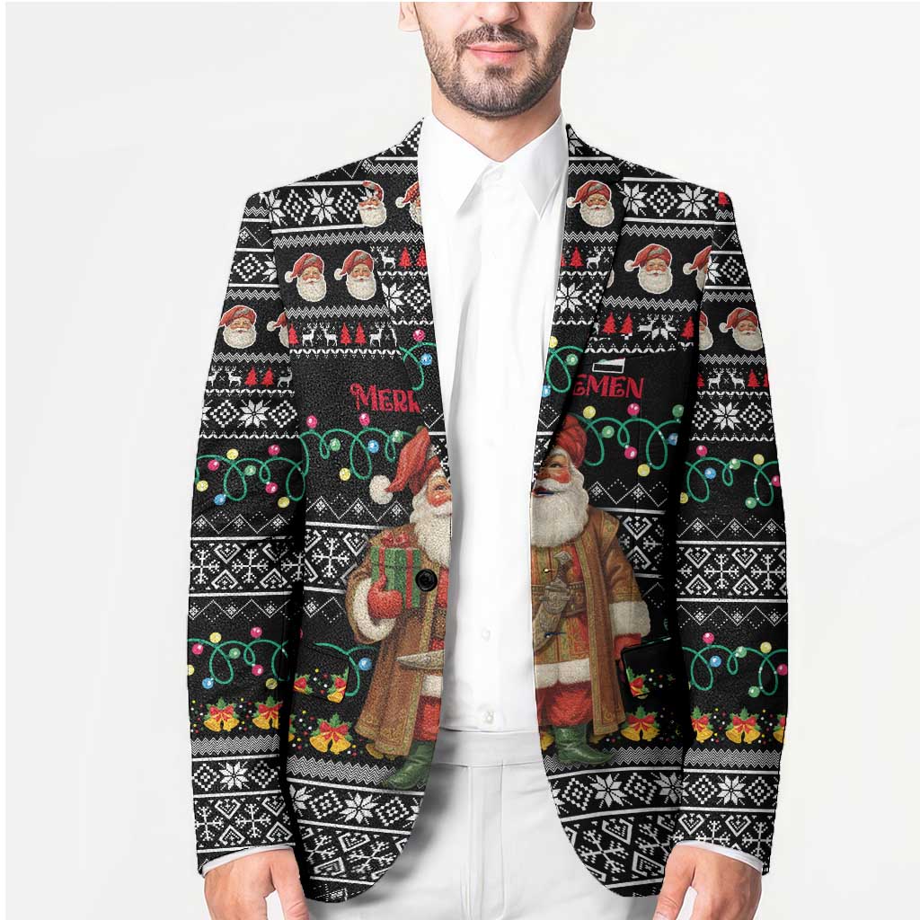 Yemen Christmas Blazer with Traditional Santa Black Snowflake Pattern and Festive Lights - Wonder Print Shop