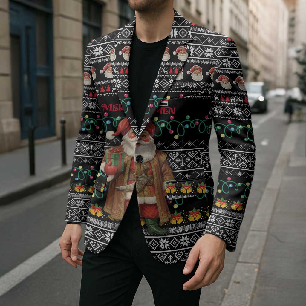 Yemen Christmas Blazer with Traditional Santa Black Snowflake Pattern and Festive Lights - Wonder Print Shop