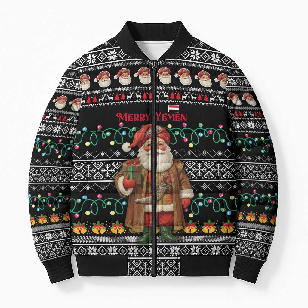 Yemen Christmas Bomber Puffer Jacket with Traditional Santa Black Snowflake Pattern and Festive Lights - Wonder Print Shop