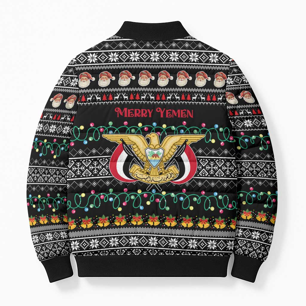 Yemen Christmas Bomber Puffer Jacket with Traditional Santa Black Snowflake Pattern and Festive Lights - Wonder Print Shop