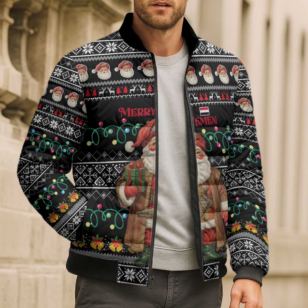 Yemen Christmas Bomber Puffer Jacket with Traditional Santa Black Snowflake Pattern and Festive Lights - Wonder Print Shop