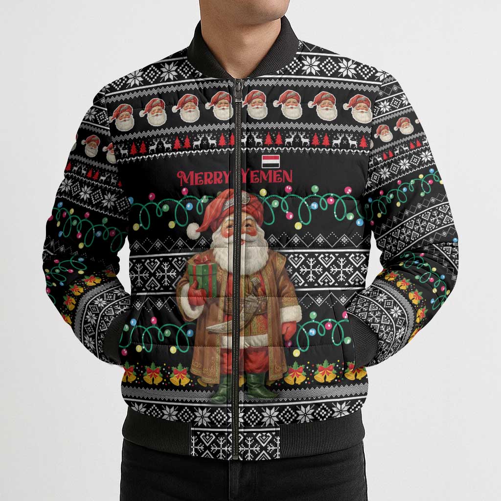 Yemen Christmas Bomber Puffer Jacket with Traditional Santa Black Snowflake Pattern and Festive Lights - Wonder Print Shop