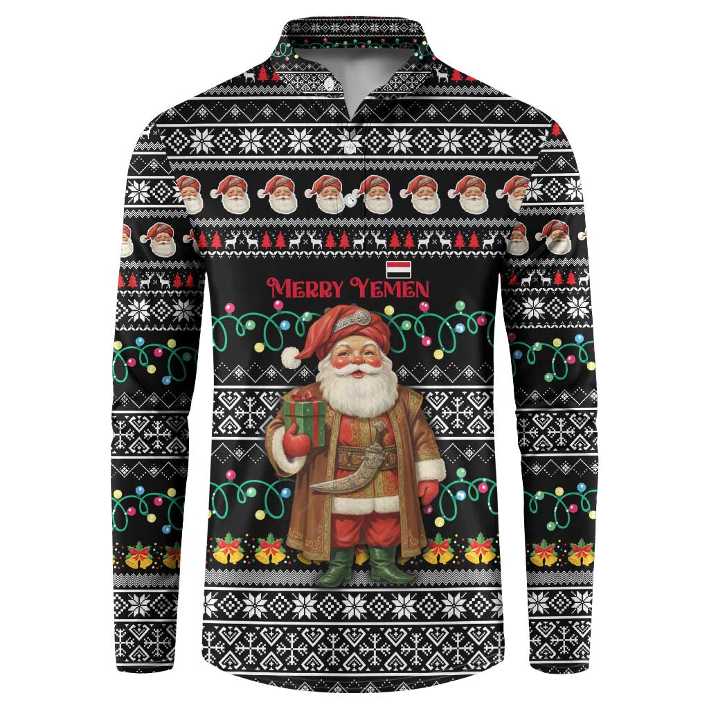 Yemen Christmas Button Sweatshirt with Traditional Santa Black Snowflake Pattern and Festive Lights - Wonder Print Shop