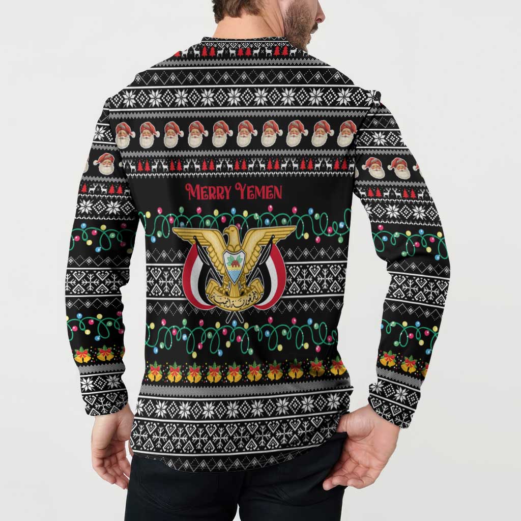 Yemen Christmas Button Sweatshirt with Traditional Santa Black Snowflake Pattern and Festive Lights - Wonder Print Shop