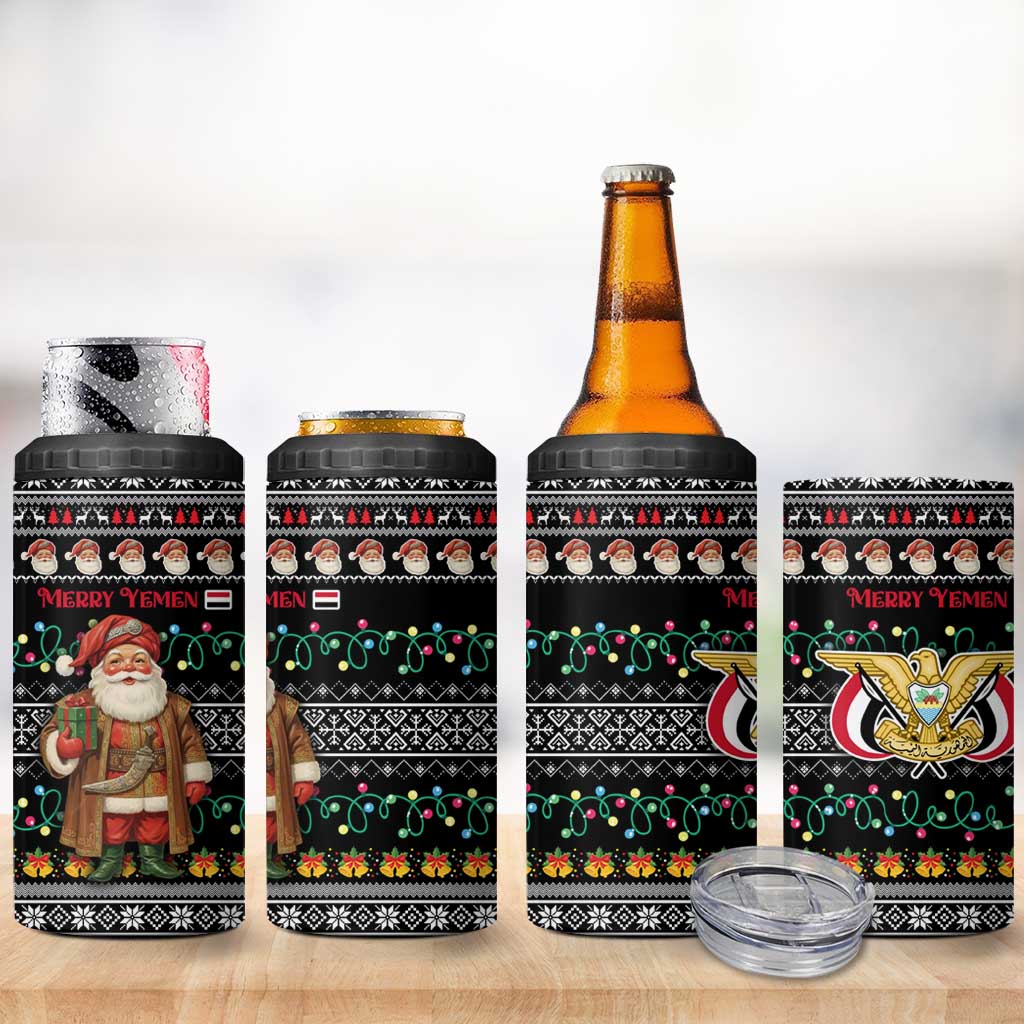 Yemen Christmas 4 in 1 Can Cooler Tumbler with Traditional Santa Black Snowflake Pattern and Festive Lights - Wonder Print Shop
