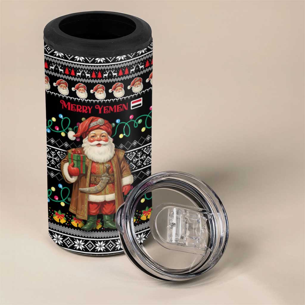 Yemen Christmas 4 in 1 Can Cooler Tumbler with Traditional Santa Black Snowflake Pattern and Festive Lights - Wonder Print Shop