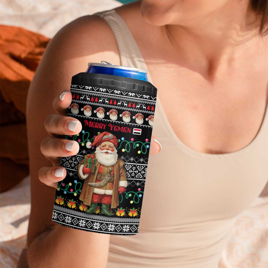 Yemen Christmas 4 in 1 Can Cooler Tumbler with Traditional Santa Black Snowflake Pattern and Festive Lights - Wonder Print Shop