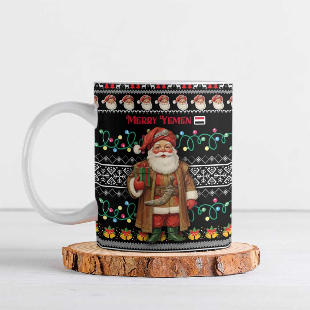 Yemen Christmas Ceramic Mug with Traditional Santa Black Snowflake Pattern and Festive Lights - Wonder Print Shop