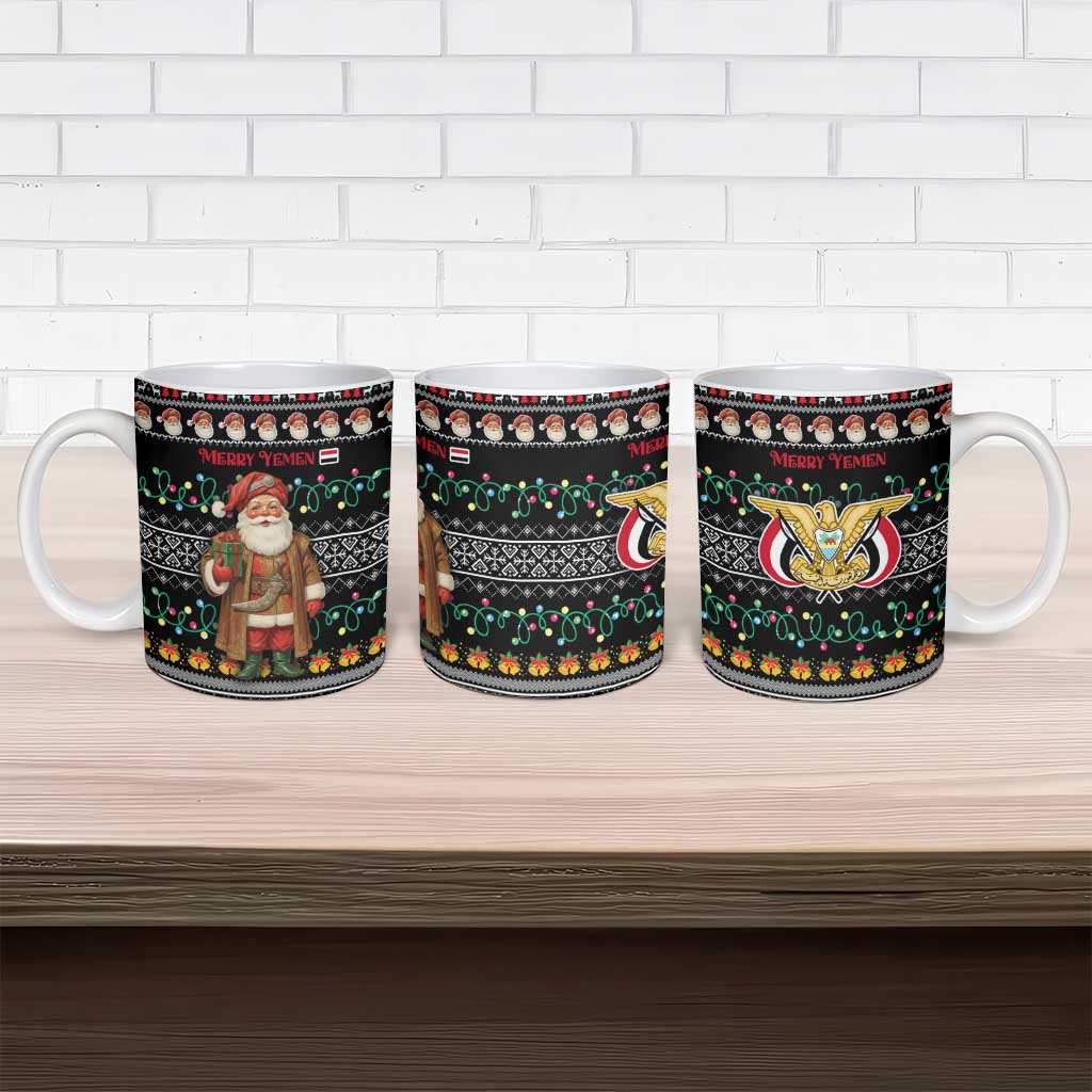 Yemen Christmas Ceramic Mug with Traditional Santa Black Snowflake Pattern and Festive Lights - Wonder Print Shop