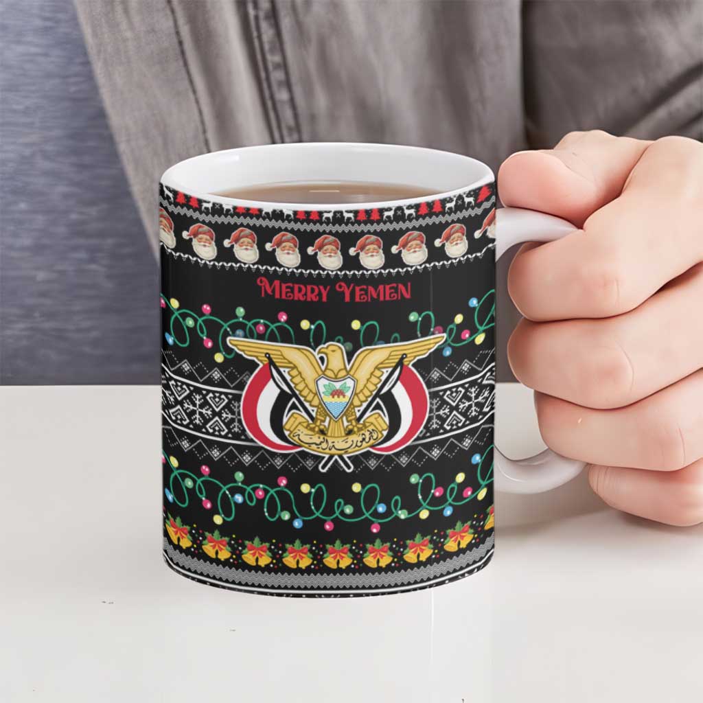 Yemen Christmas Ceramic Mug with Traditional Santa Black Snowflake Pattern and Festive Lights - Wonder Print Shop