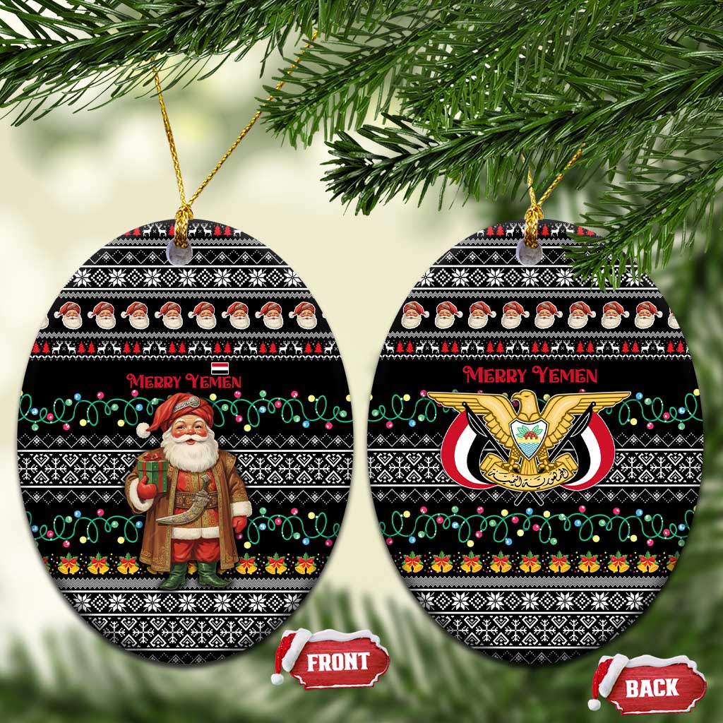 Yemen Christmas Ceramic Ornament with Traditional Santa Black Snowflake Pattern and Festive Lights - Wonder Print Shop