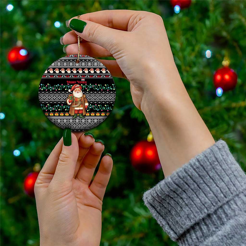 Yemen Christmas Ceramic Ornament with Traditional Santa Black Snowflake Pattern and Festive Lights - Wonder Print Shop