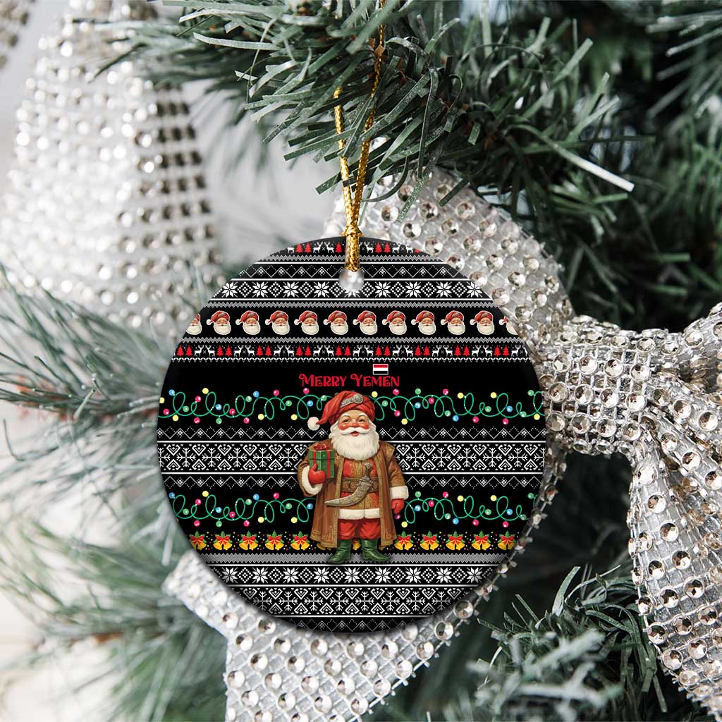 Yemen Christmas Ceramic Ornament with Traditional Santa Black Snowflake Pattern and Festive Lights - Wonder Print Shop