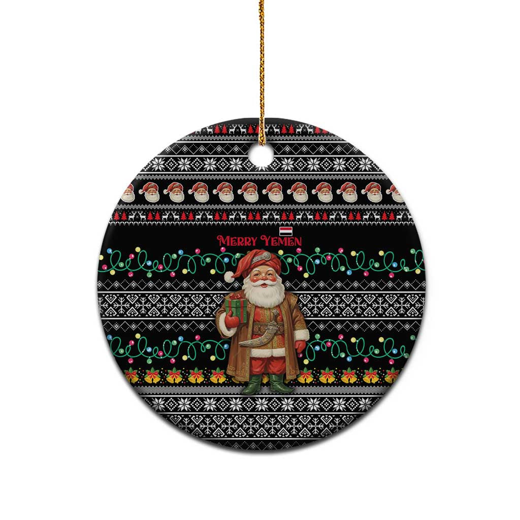 Yemen Christmas Ceramic Ornament with Traditional Santa Black Snowflake Pattern and Festive Lights - Wonder Print Shop