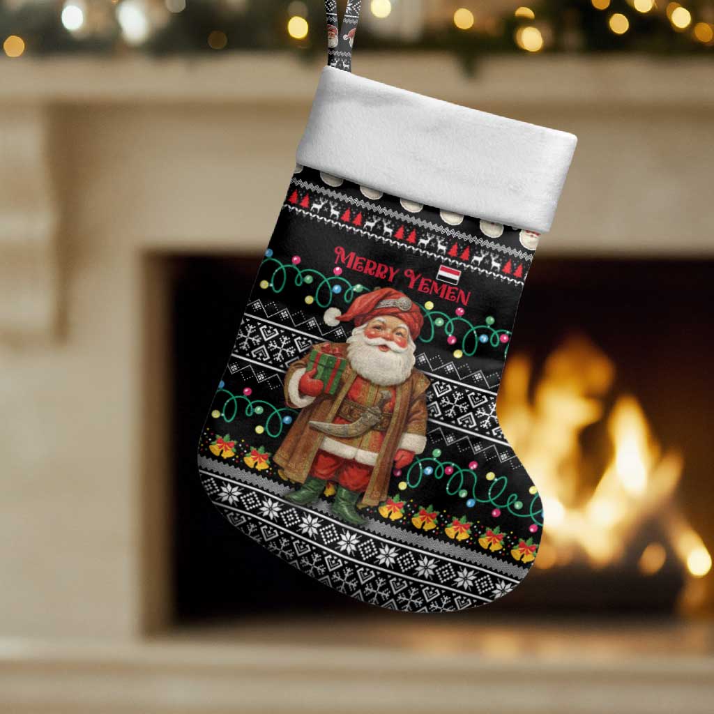 Yemen Christmas Stocking with Traditional Santa Black Snowflake Pattern and Festive Lights - Wonder Print Shop