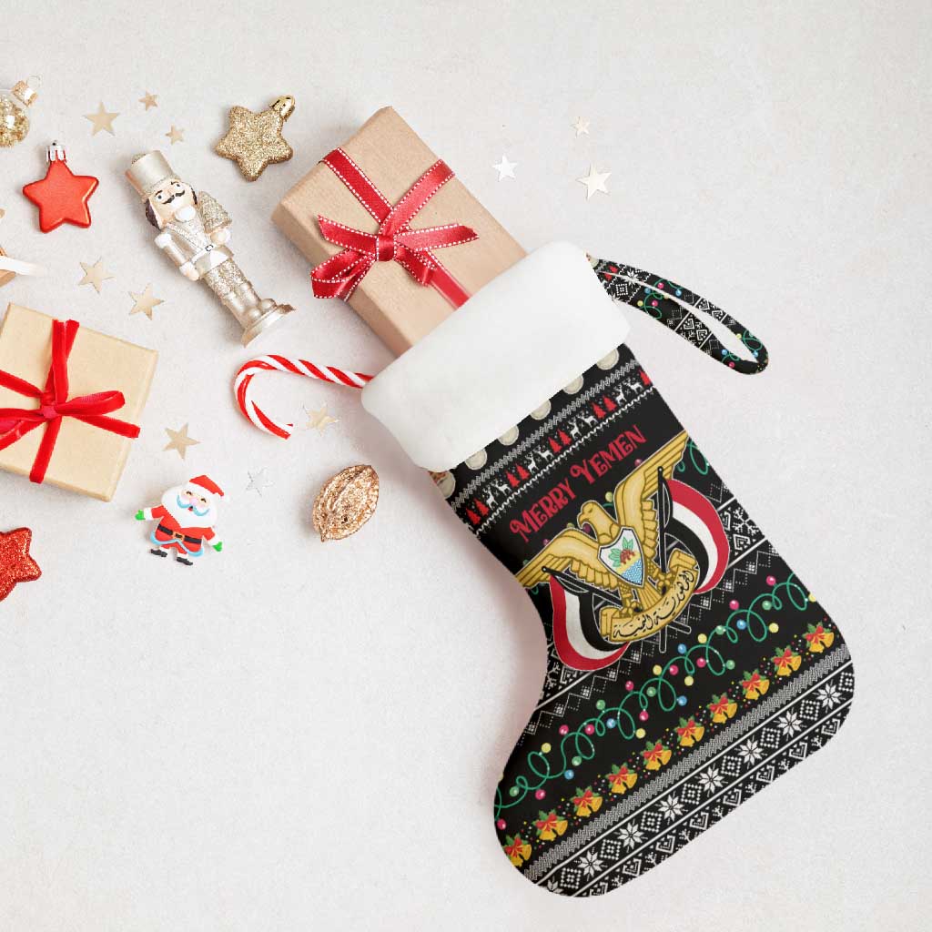 Yemen Christmas Stocking with Traditional Santa Black Snowflake Pattern and Festive Lights - Wonder Print Shop