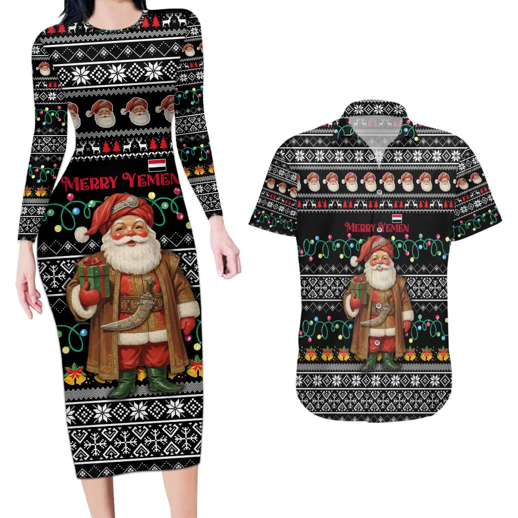 Yemen Christmas Couples Matching Long Sleeve Bodycon Dress and Hawaiian Shirt with Traditional Santa Black Snowflake Pattern and Festive Lights - Wonder Print Shop