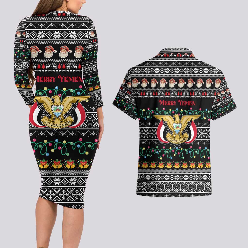 Yemen Christmas Couples Matching Long Sleeve Bodycon Dress and Hawaiian Shirt with Traditional Santa Black Snowflake Pattern and Festive Lights - Wonder Print Shop