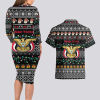 Yemen Christmas Couples Matching Long Sleeve Bodycon Dress and Hawaiian Shirt with Traditional Santa Black Snowflake Pattern and Festive Lights - Wonder Print Shop
