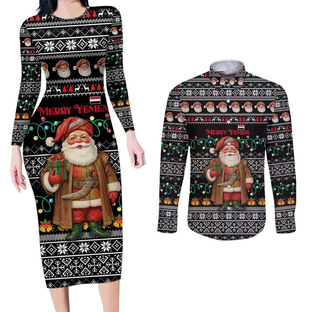 Yemen Christmas Couples Matching Long Sleeve Bodycon Dress and Long Sleeve Button Shirt with Traditional Santa Black Snowflake Pattern and Festive Lights - Wonder Print Shop