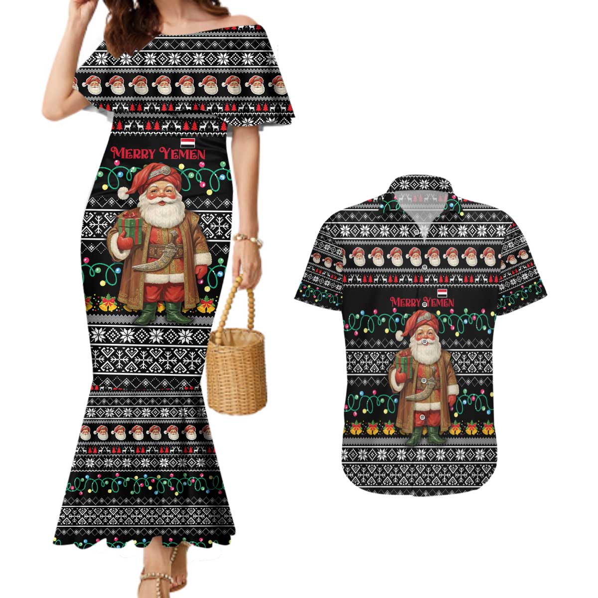 Yemen Christmas Couples Matching Mermaid Dress and Hawaiian Shirt with Traditional Santa Black Snowflake Pattern and Festive Lights - Wonder Print Shop