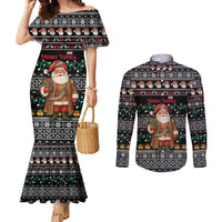Yemen Christmas Couples Matching Mermaid Dress and Long Sleeve Button Shirt with Traditional Santa Black Snowflake Pattern and Festive Lights - Wonder Print Shop